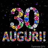 Il numero 30 e la scritta Auguri creati con gioielli brillanti di diverse tonalità su un fondo nero animato da piccole scintille di luce.