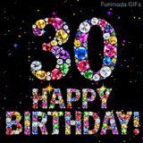 The number 30 and the phrase Happy Birthday composed of bright glittering precious stones, set against a dark backdrop animated with little shining stars.