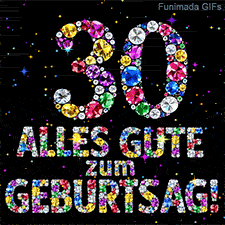Auf schwarzer Fläche stehen die Zahl 30 und Alles Gute zum Geburtstag aus bunten Diamanten, begleitet von kleinen leuchtenden Sternen.