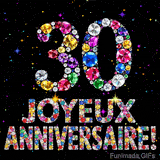 Le chiffre 30 et le lettrage Joyeux Anniversaire réalisés en joyaux éclatants de diverses couleurs sur une toile noire avec des étincelles.
