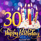 The digit 30 in gold next to a cupcake with white frosting and burning candles. Golden Happy Birthday lettering set against a purple bokeh backdrop.