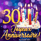 GIF Joyeux Anniversaire 30 ans : le chiffre 30 doré brillant à côté d'un cupcake aux bougies illuminées sur fond violet.