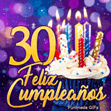 GIF de Feliz Cumpleaños 30 años: el número 30 dorado resplandeciente junto a un cupcake con velas encendidas.