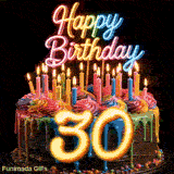 30th birthday GIF featuring a rotating colorful cake, glowing neon Happy Birthday topper, lit candles, and gold number 30.