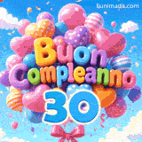 Ondeggiando nella brezza, un grande insieme di palloncini mostra le parole Buon Compleanno e il grande numero azzurro 30 attaccato sotto.