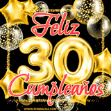 Animación de un GIF con el número 30 en dorado, rodeado de estrellas, burbujas brillantes y la frase 'Feliz cumpleaños' en letras modernas y festivas.