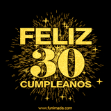 GIF animado con un diseño dorado, mostrando el número 30 rodeado de fuegos artificiales y luces que resaltan una atmósfera festiva y vibrante.