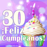 Animación de un cupcake con cobertura blanca, confites de colores, una vela encendida y el número 30 en grande sobre un fondo púrpura con luces brillantes.