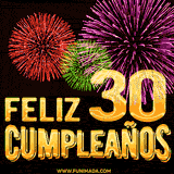 GIF animado con el número 30 en dorado, rodeado de fuegos artificiales rojos, verdes y morados, con el mensaje 'Feliz cumpleaños' en letras doradas.