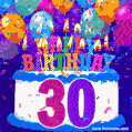 30th Birthday Cake gif: colorful candles, balloons, confetti and number 30