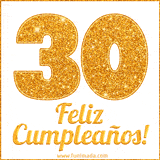 Imagen animada con el número 30 en diseño dorado brillante acompañado de la frase 'Feliz cumpleaños' sobre un fondo blanco simple y elegante.
