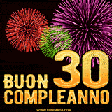 Animazione di fuochi d'artificio colorati con il numero 30 in oro brillante e la scritta 'Buon Compleanno' su uno sfondo nero festivo ed elegante.