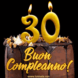 GIF animato con una torta al cioccolato decorata con crema, dettagli dorati e due candele accese che formano il numero 30. Messaggio 'Buon Compleanno' in scritta elegante.