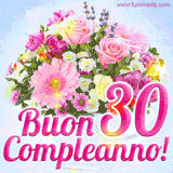 Bouquet animato con rose rosa, margherite e altri fiori colorati, con il numero 30 e la scritta 'Buon Compleanno!' in stile elegante e luminoso.