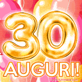 Bouquet animato di palloncini multicolori che emergono da una scatola regalo, con il numero 30 e la scritta 'Tanti Auguri!' su uno sfondo pieno di coriandoli.