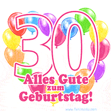 Ein verspieltes animiertes Geburtstags-GIF mit bunten Ballons in Herzform und der Zahl 30.