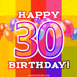 A birthday cake with lit candles is shown with colorful balloons and animated confetti.