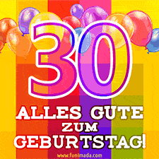 Große Zahl 35 in Umrissschrift, die Worte 'Alles Gute zum 30. Geburtstag', mehrfarbige animierte Ballons und lebendiger Hintergrund.