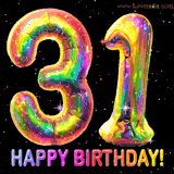 Shiny number 31 birthday celebration balloons with an iridescent glow and glitter on a black background with twinkling stars.