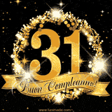 Il numero 31 è circondato da un anello dorato brillante, accompagnato da un nastro elegante con la scritta 'Buon Compleanno!' su uno sfondo scuro.