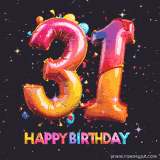 A vibrant age-specific birthday short animation displays the number '31' in shiny balloon-like letters with the words 'Happy Birthday' underneath. The dark background is punctuated with festive stars and balloons.