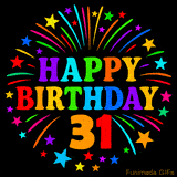 A birthday cake with lit candles is shown with colorful balloons and animated confetti.