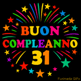 GIF animata 'Buon Compleanno 31' con lettere colorate e fuochi d'artificio