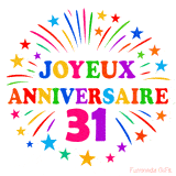 GIF animé joyeux anniversaire 31 ans avec étoiles multicolores et feu d’artifice