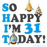 A fun birthday animation celebrating turning 31 with colorful party hats, smiling faces, and cheerful emojis.