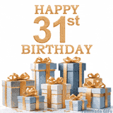 Festive animated eCard with elegant 'Happy 31st Birthday' text above a pile of luxurious blue, white, and gold gift boxes and presents.