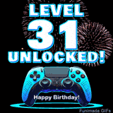 Animated GIF for a 31 birthday. The text 'Level 31 Unlocked!' and 'Happy Birthday!' are displayed over a blue video game controller with exploding fireworks in the background.