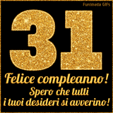 Un GIF animato per un 31° compleanno, Presenta il testo 'Buon Compleanno 31' su uno sfondo giallo vivo con palloncini colorati, festoni e una pioggia di coriandoli.