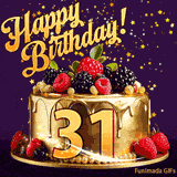 A delicious-looking animated birthday card for a 31st birthday, decorated with raspberries, blackberries, and gold details, Stars sparkle and fall, with 'Happy Birthday!' text above.