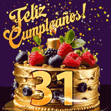 Una animación de celebración de una tarta para el 31º cumpleaños, Estrellas doradas caen del cielo, destacando el texto '¡Feliz Cumpleaños!' y el número dorado 31 en la tarta.