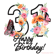 A floral 31st birthday animated greeting card. The number '31' is surrounded by animated flowers and butterflies, creating a beautiful and cheerful way to celebrate the milestone.