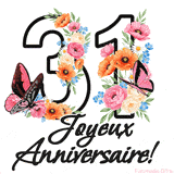 Ce GIF de Joyeux 31ème Anniversaire présente le nombre vingt rempli d'un bouquet vibrant de fleurs animées, avec des papillons qui bougent doucement sur un fond blanc.