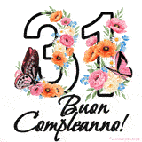 Questo GIF di Buon 31° Compleanno mostra il numero venti riempito con un vibrante bouquet di fiori animati, con farfalle che si muovono dolcemente su uno sfondo bianco.