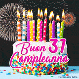 Immagine GIF per i 31 anni con torta, candele animate e fuochi d'artificio che mettono in risalto la scritta rosa di buon compleanno.