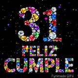 El número 31 y la frase FELIZ CUMPLE están hechos de brillantes gemas multicolores, resaltando en un fondo oscuro con estrellas de luz.