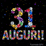 Il numero 31 e l'espressione Auguri disegnati da pietre preziose scintillanti su uno sfondo nero con piccole stelle luminose.