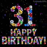 Sparkling multi-colored gems build the digit 31 and Happy Birthday words, contrasting against a black background filled with small flashing bright color sparks.