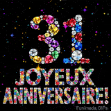 Le chiffre 31 et l'expression Joyeux Anniversaire dessinés par des pierres précieuses brillantes sur un fond noir avec de petites étoiles lumineuses.