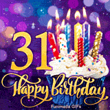 A sweet cupcake with lit colorful candles sits beside the golden number 31. Cursive Happy Birthday text is below on a sparkling purple background.