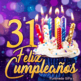 Animación de cumpleaños 31 años ilustrando el número 31 de oro, una tarta festiva y velas de colores encendidas.