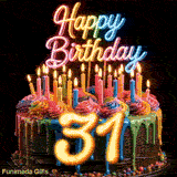 Animated spinning birthday cake GIF with rainbow drip icing, lit candles, and glowing yellow number 31 on dark background.