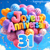 Des ballons aux motifs variés bougent devant un ciel bleu. Le texte 3D Joyeux Anniversaire est placé au-dessus du grand chiffre bleu 31.