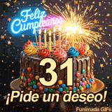El dígito 31 dorado adorna una tarta festiva. Las letras de Feliz Cumpleaños resaltan entre los destellos de una bengala y estrellas cayendo al fondo.
