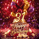 Golden number 31 glows among floating balloons presents blooming roses and confetti with Happy Birthday lettering on a festive red scene