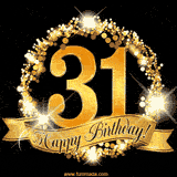 A golden 31st birthday GIF features a decorative circle and ribbon. The design sparkles with light and gold accents against a black background.