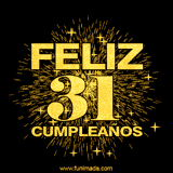 GIF animado con un diseño dorado, mostrando el número 31 rodeado de fuegos artificiales y luces que resaltan una atmósfera festiva y vibrante.
